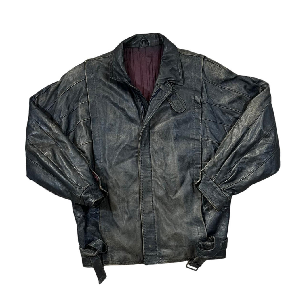 Vintage 90's TARGA Genuine Real Distressed Black Leather Bomber Jacket