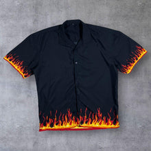 Load image into Gallery viewer, Early 00's Gothic Y2K Flaming Fire Patterned Graphic Black Short Sleeve Shirt
