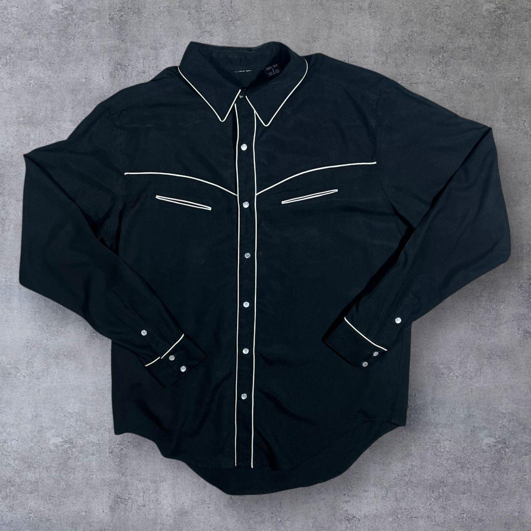 Vintage 100% Silk Cowboy Western Popper Button Black Long Sleeve Shirt