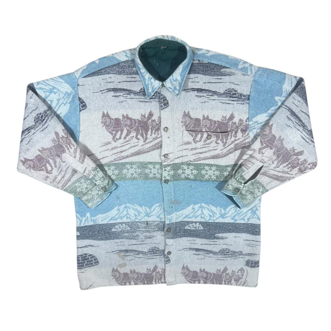 Vintage 90's Wolf Animal Wildlife Tapestry Style Patterned Long Sleeve Flannel Shirt