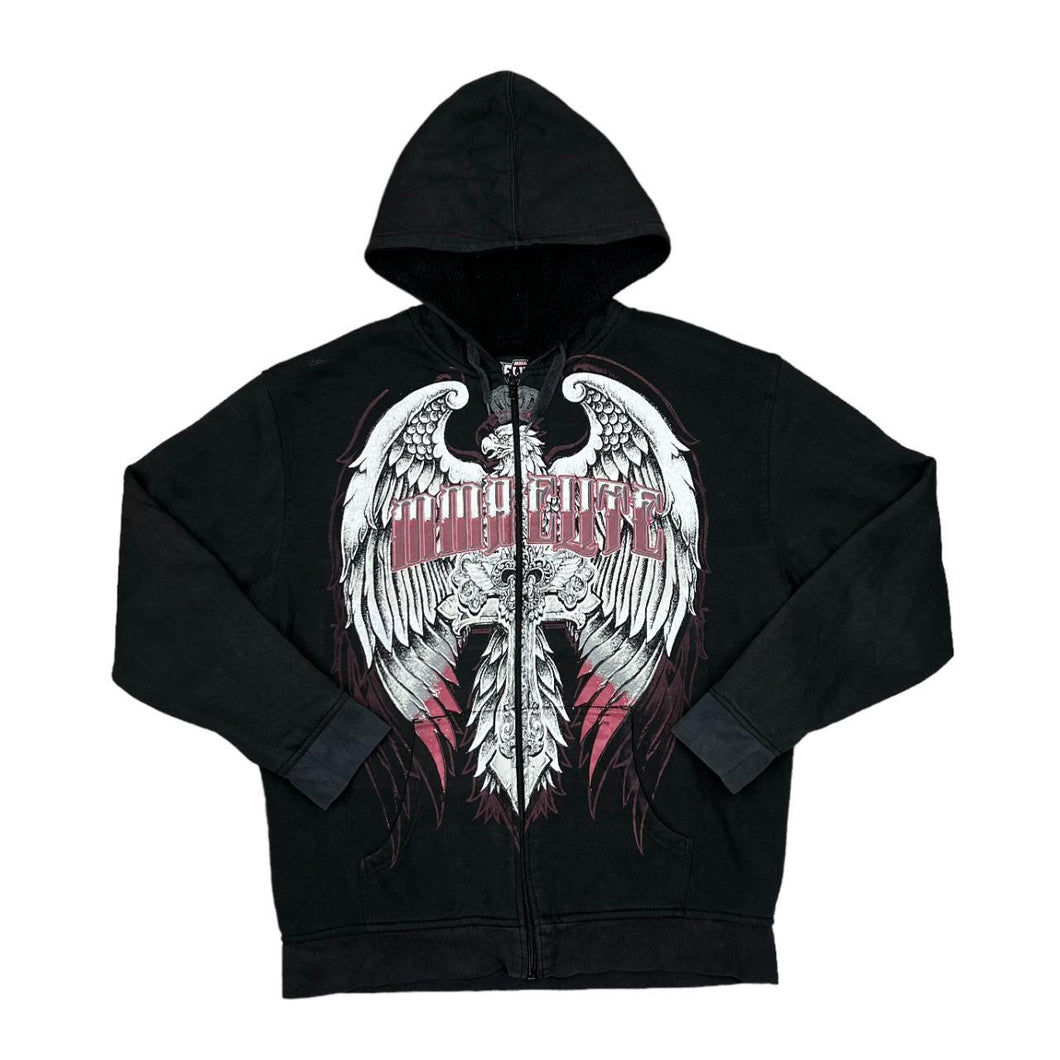 MMA ELITE Gothic Eagle Spellout Graphic Sherpa Fleece Lined Zip Hoodie