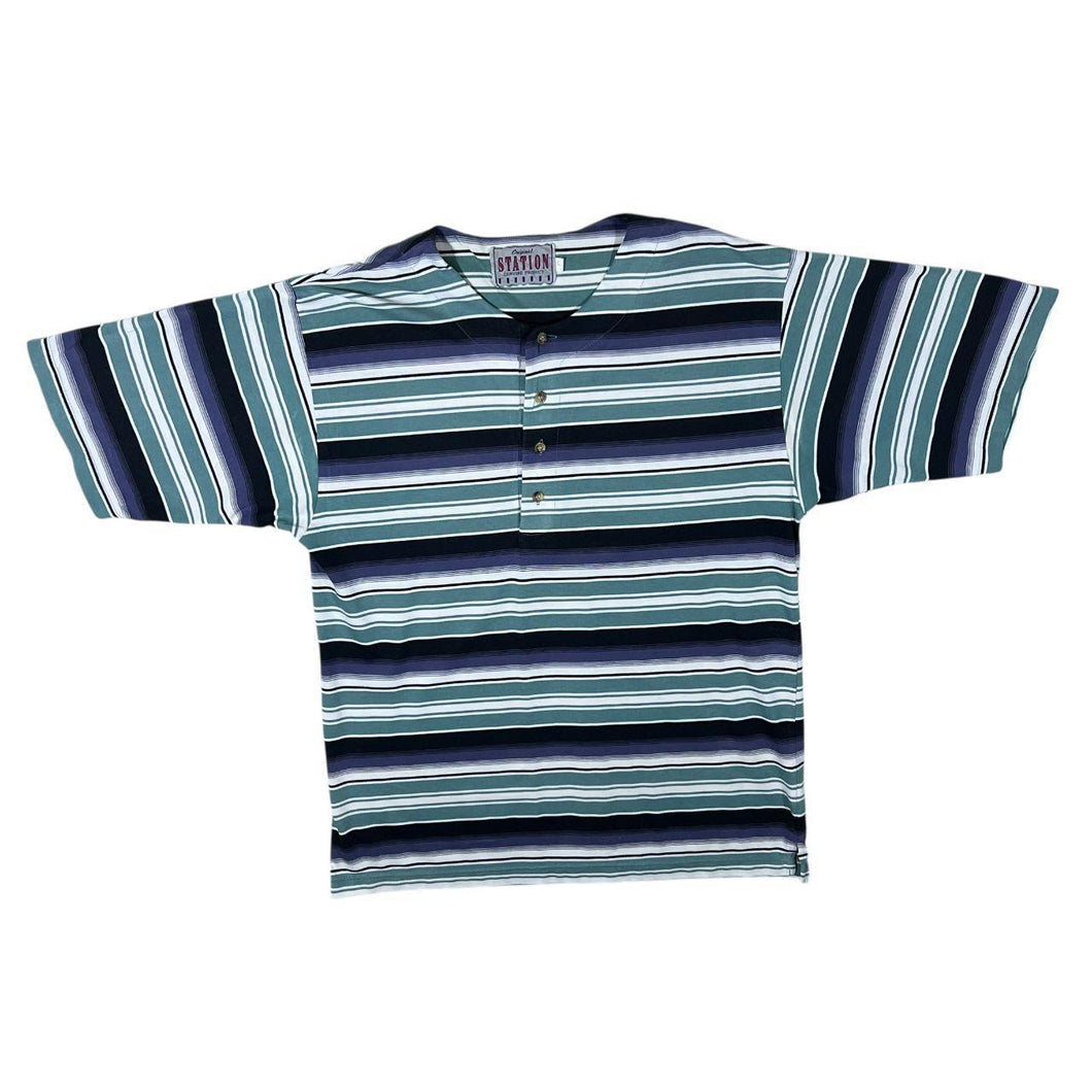 Vintage Station Blue White Multi Striped Short Sleeve Henley Button T-Shirt