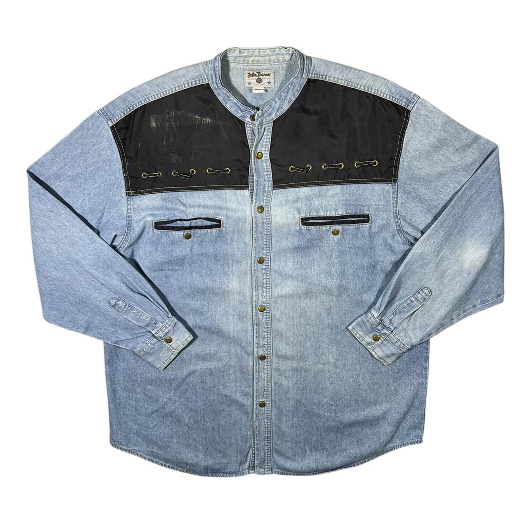 Vintage John Baner Blue Denim Cowboy Western Grandad Collar Long Sleeve Shirt