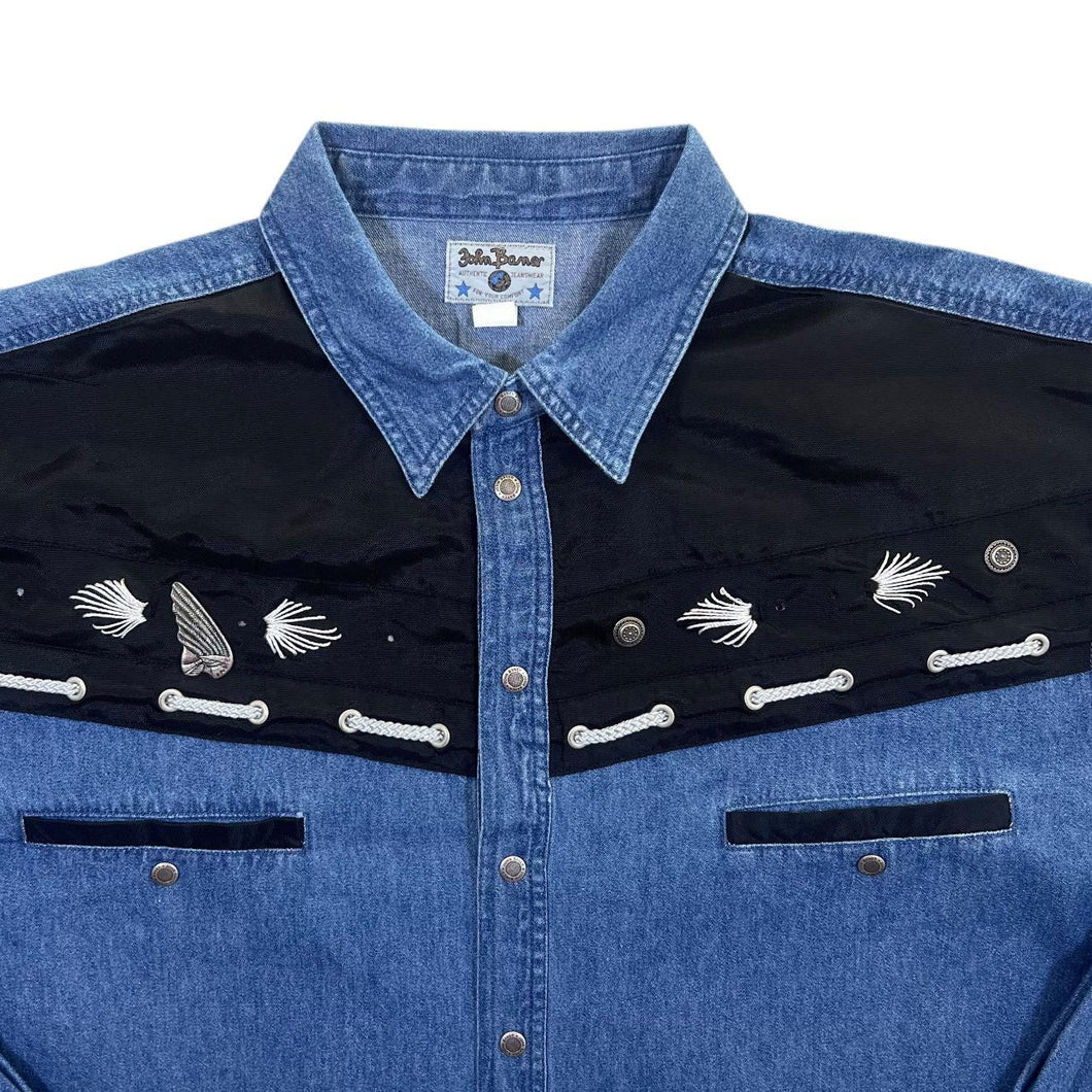 Vintage John Baner Cowboy Western Blue Denim Popper Long Sleeve Shirt