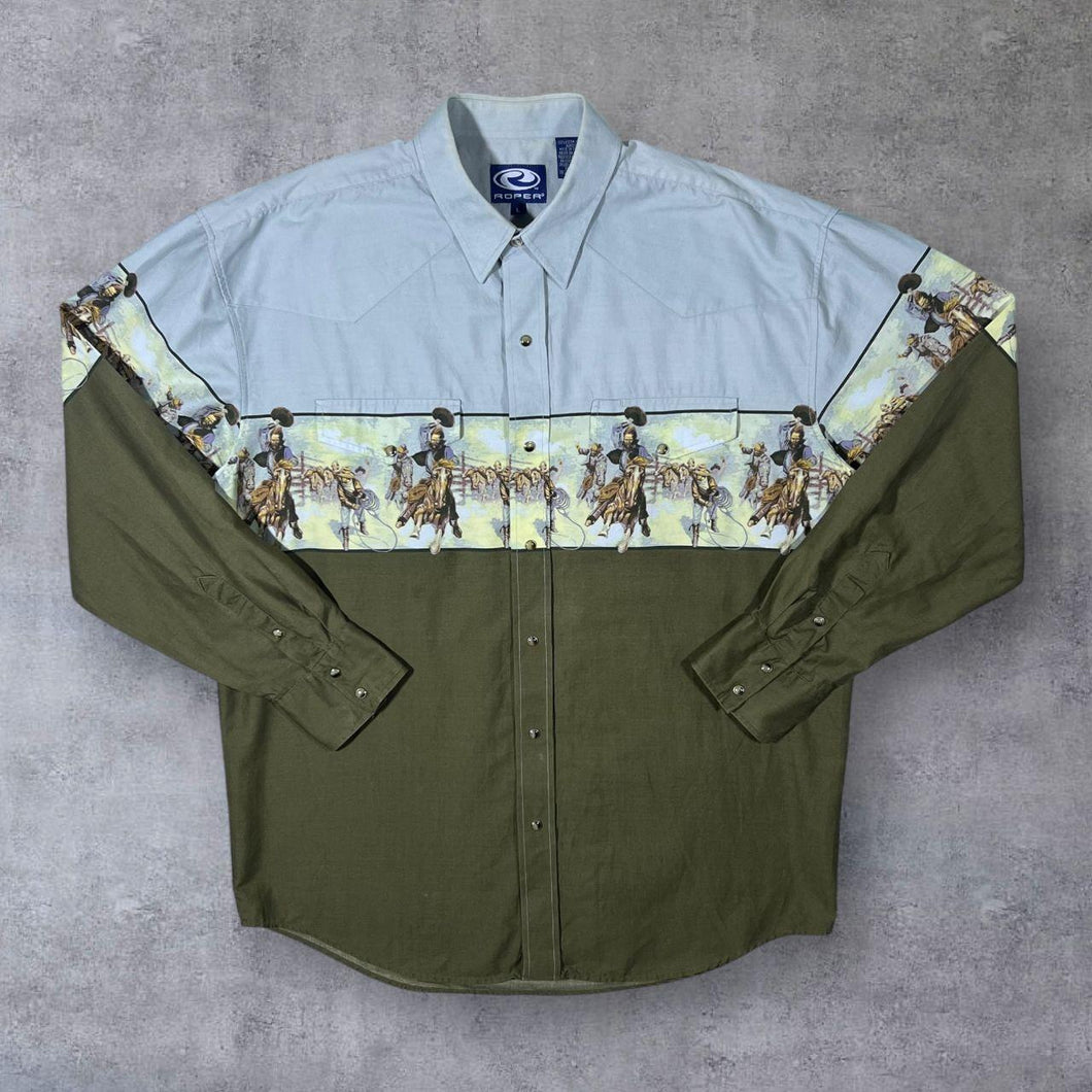 Vintage Roper Cowboy Western Patterned Popper Long Sleeve Cotton Shirt