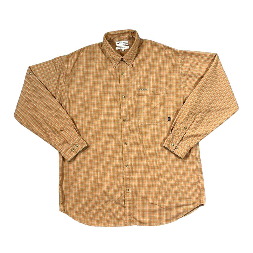 Vintage COLUMBIA SPORTSWEAR Orange Plaid Check Long Sleeve Polyester Button-Up Shirt