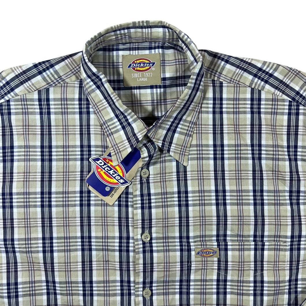 Dickies Beige Navy White Plaid Check Long Sleeve Cotton Shirt