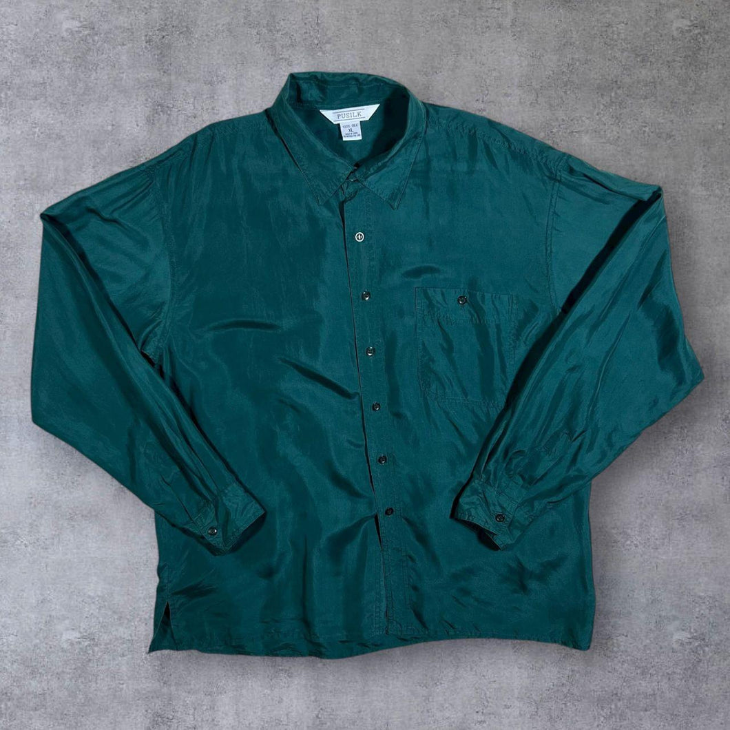 Vintage 90's Pusilk Classic Green 100% Silk Long Sleeve Shirt