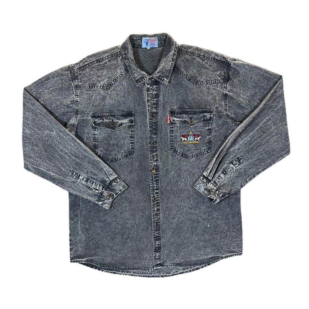 Vintage LAVISH JEANS Western Wear Embroidered Acid Washed Black Denim Long Sleeve Shirt