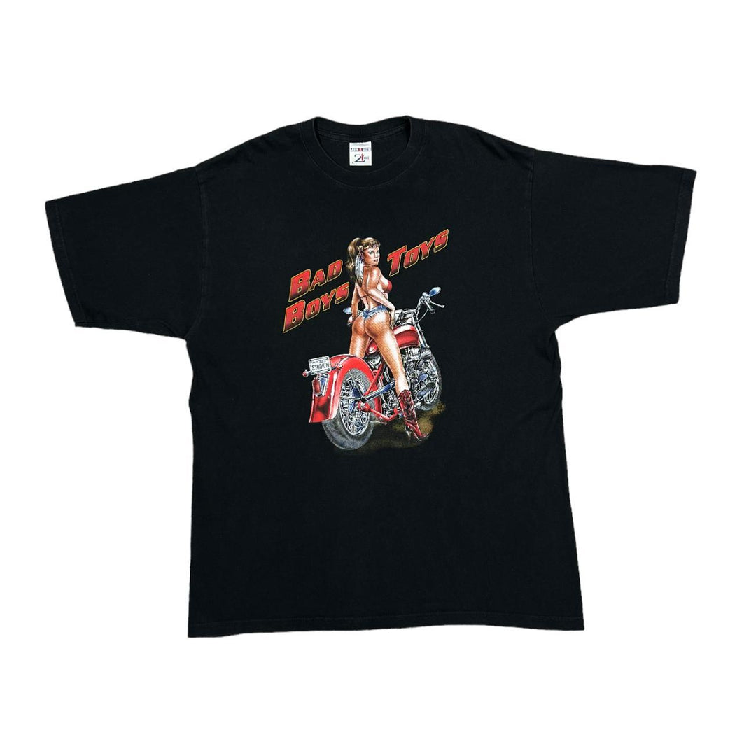 Vintage Jerzees BAD BOYS TOYS Gothic Biker Pinup Girl Spellout Graphic T-Shirt