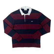 Load image into Gallery viewer, Gant Embroidered Mini Logo Burgundy Navy Blue Striped Long Sleeve Rugby Polo Shirt
