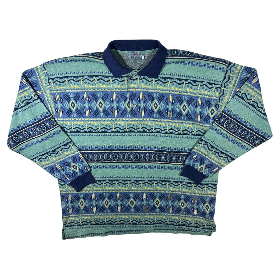 Vintage 90's Brice Crazy Abstract Patterned Cotton Acrylic Long Sleeve Polo Shirt