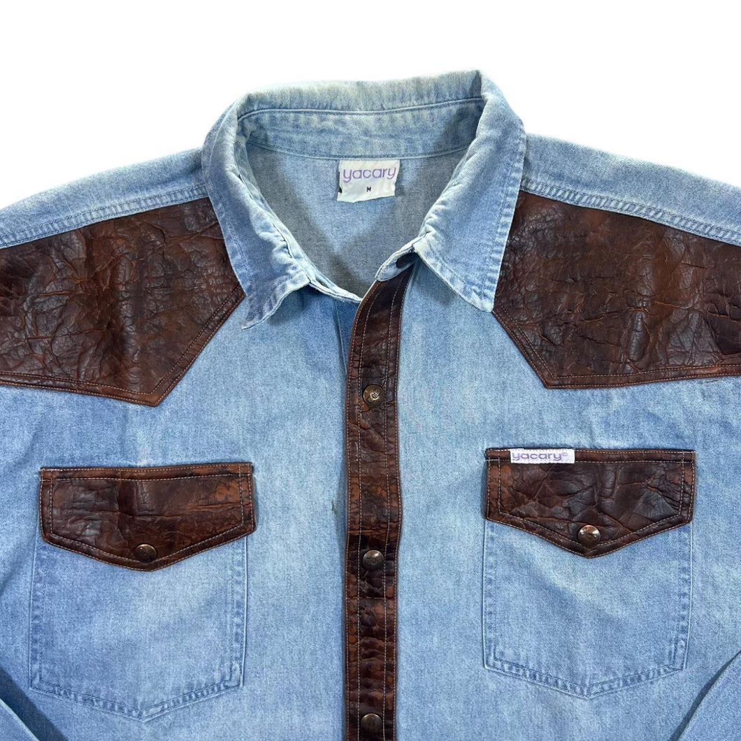 Vintage Yacary Cowboy Western Popper Leather Panel Blue Denim Long Sleeve Shirt