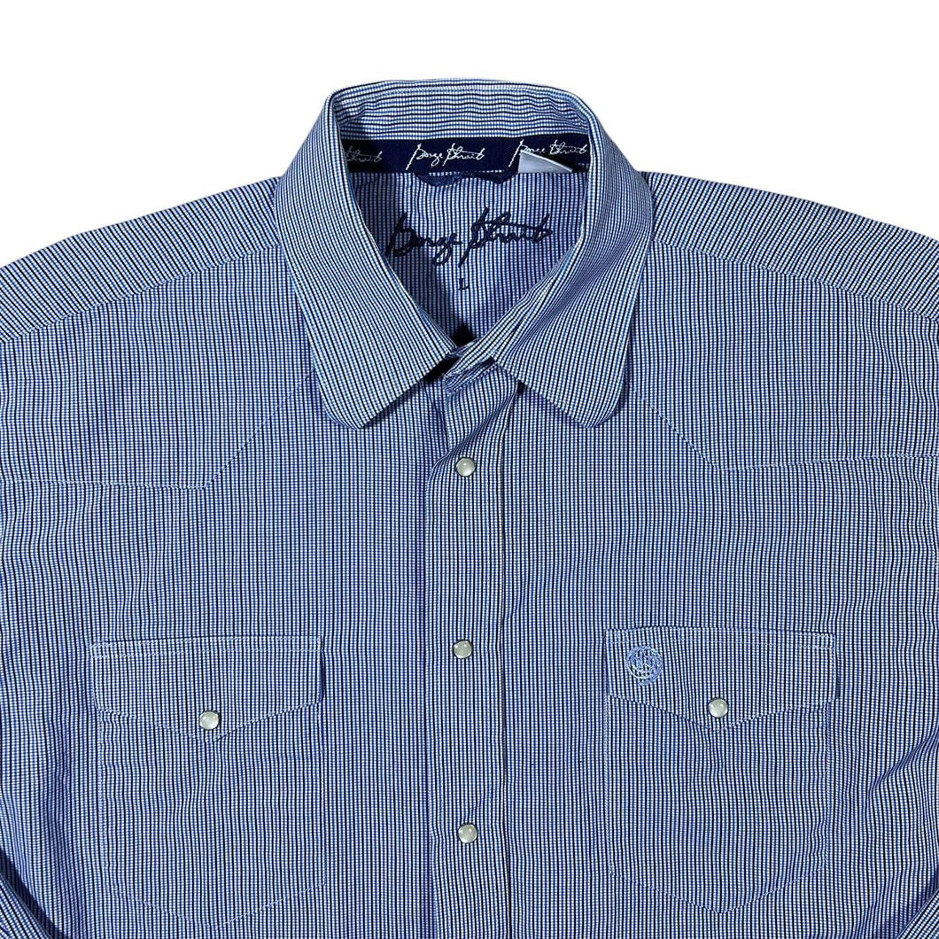 George Strait Cowboy Western Blue Check Popper Long Sleeve Cotton Shirt