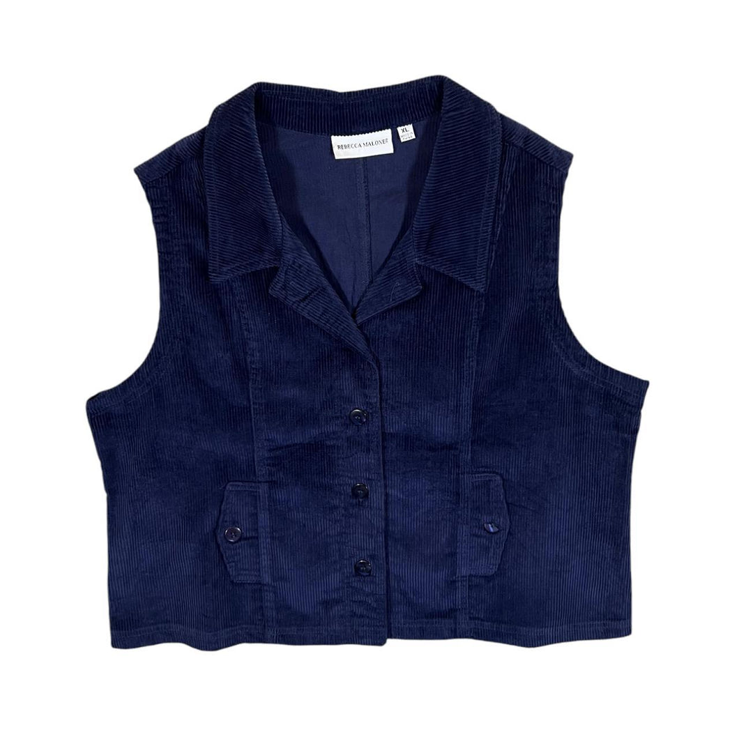 Vintage REBECCA MALONE Classic Navy Blue Corduroy Cord Button Waistcoat