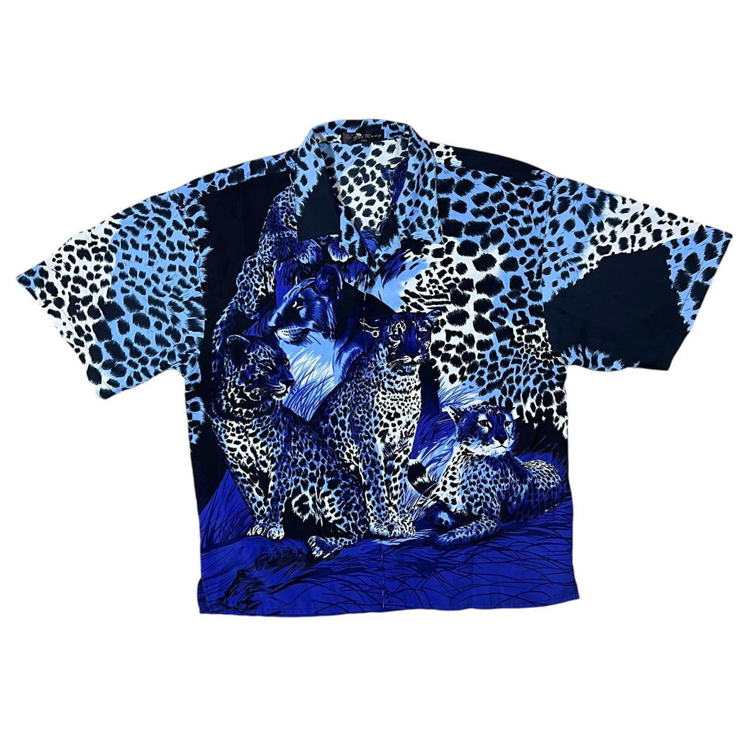 Early 00's Bhi Rong Leopard Jaguar Big Cat Animal All-Over Print Short Sleeve Shirt