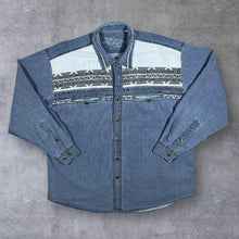 Load image into Gallery viewer, Vintage Stars &amp; Stripes Cowboy Western Patterned Embroidered Blue Denim Long Sleeve Shirt
