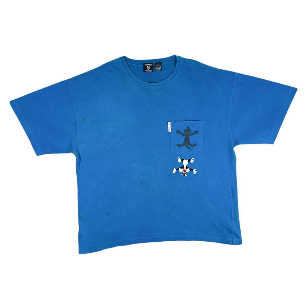 Vintage Warner Bros (1996) LOONEY TUNES Sylvester Embroidered Pocket Blue T-Shirt