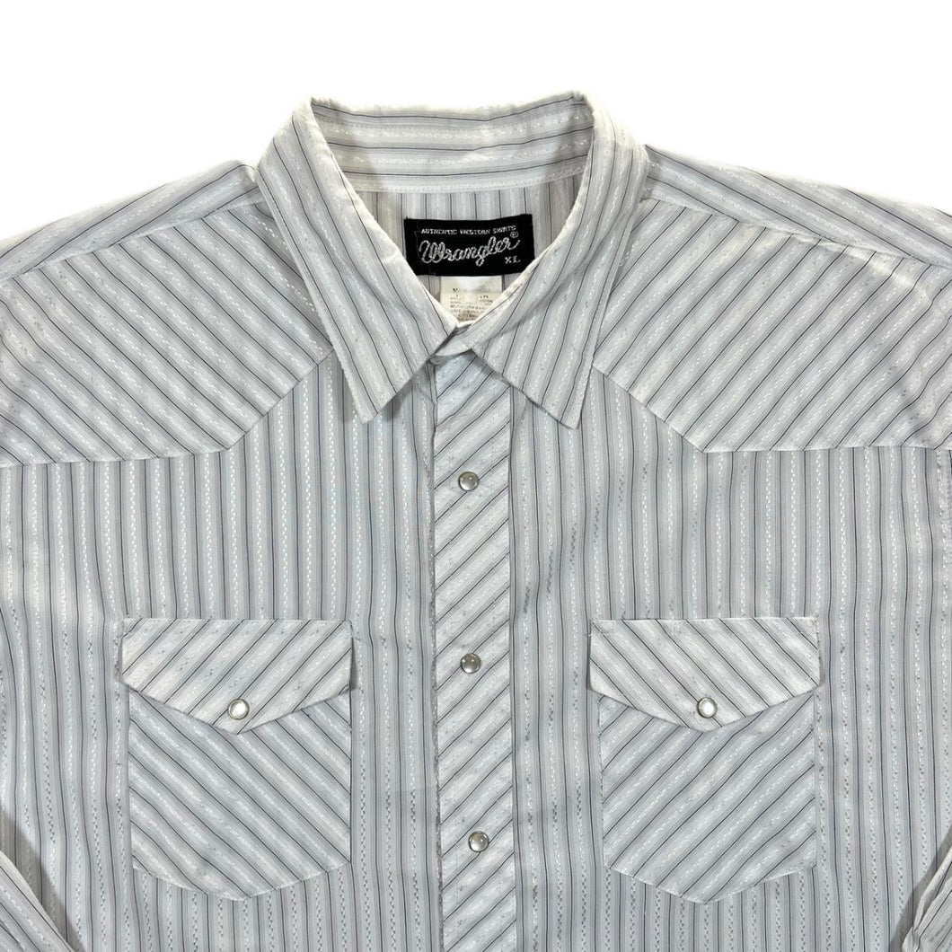 Vintage Wrangler Cowboy Western White Striped Pearl Snap Popper Long Sleeve Shirt