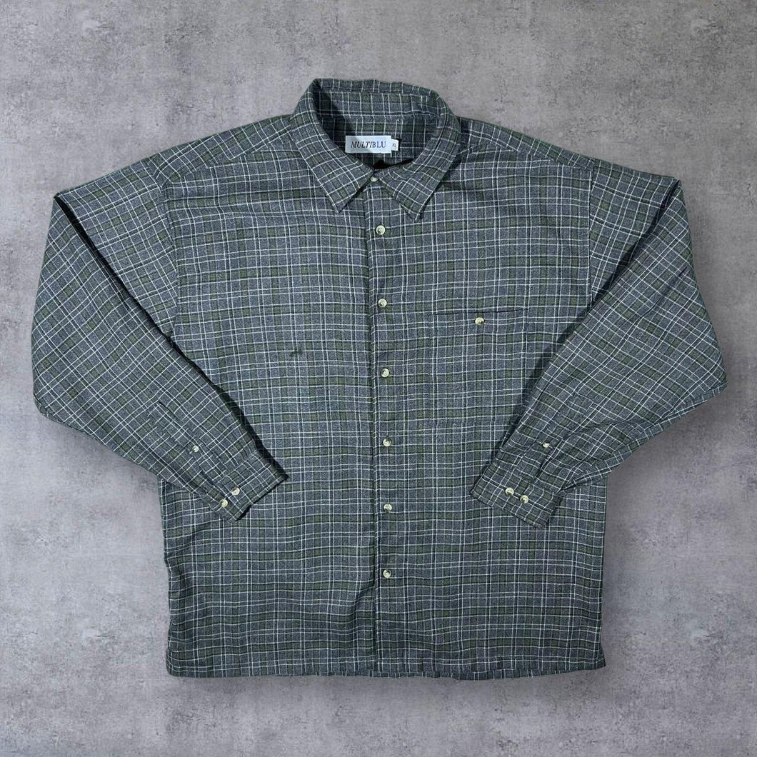Vintage Multiblu Grey Green Plaid Check Long Sleeve Flannel Shirt