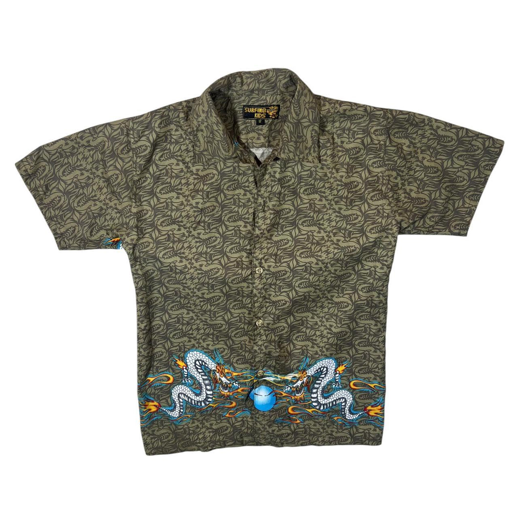 Early 00's Surfing Kids Gothic Y2K Dragon Graphic Short Sleeve Polyester Shirt