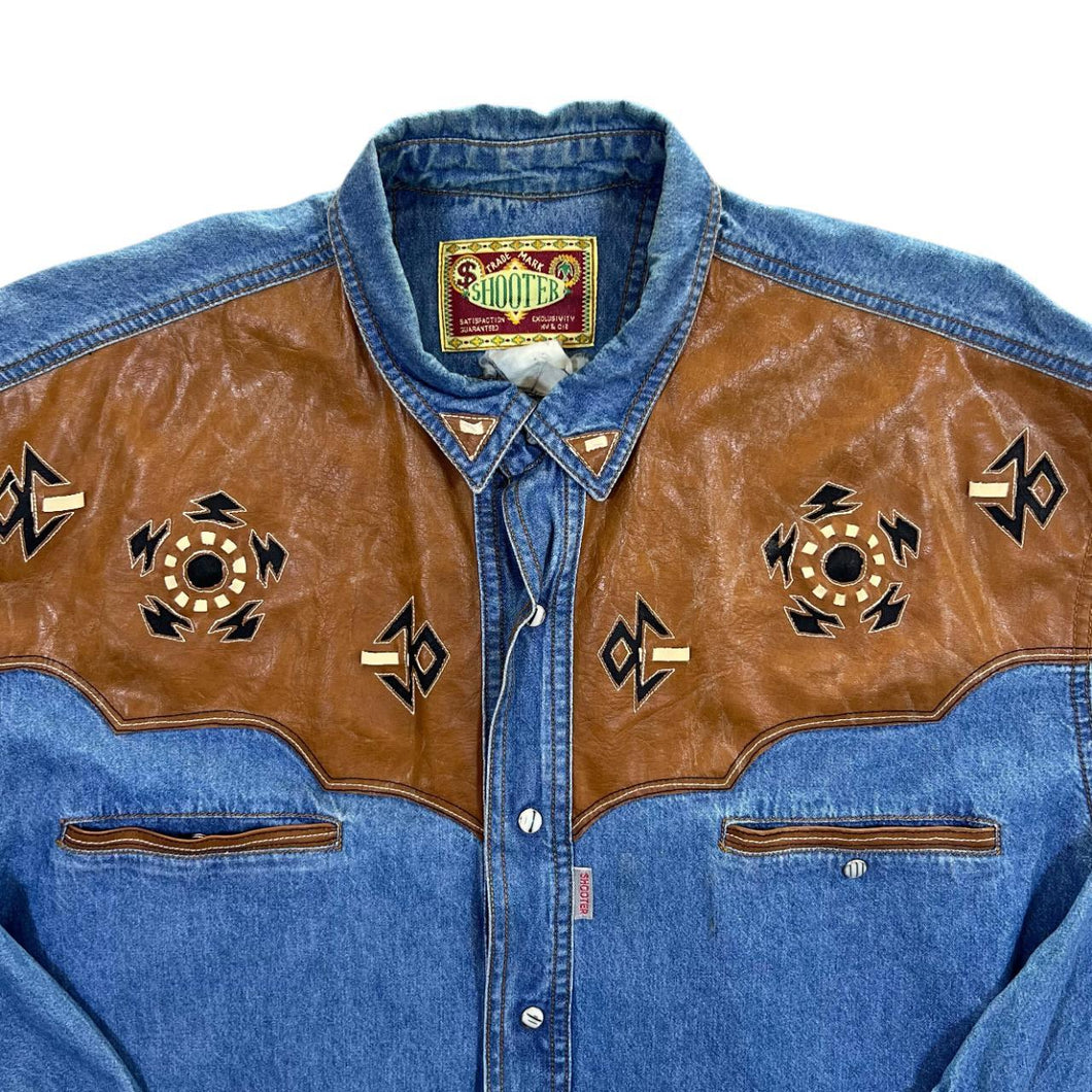 Vintage Shooter Cowboy Western Leather Panel Blue Denim Long Sleeve Popper Shirt