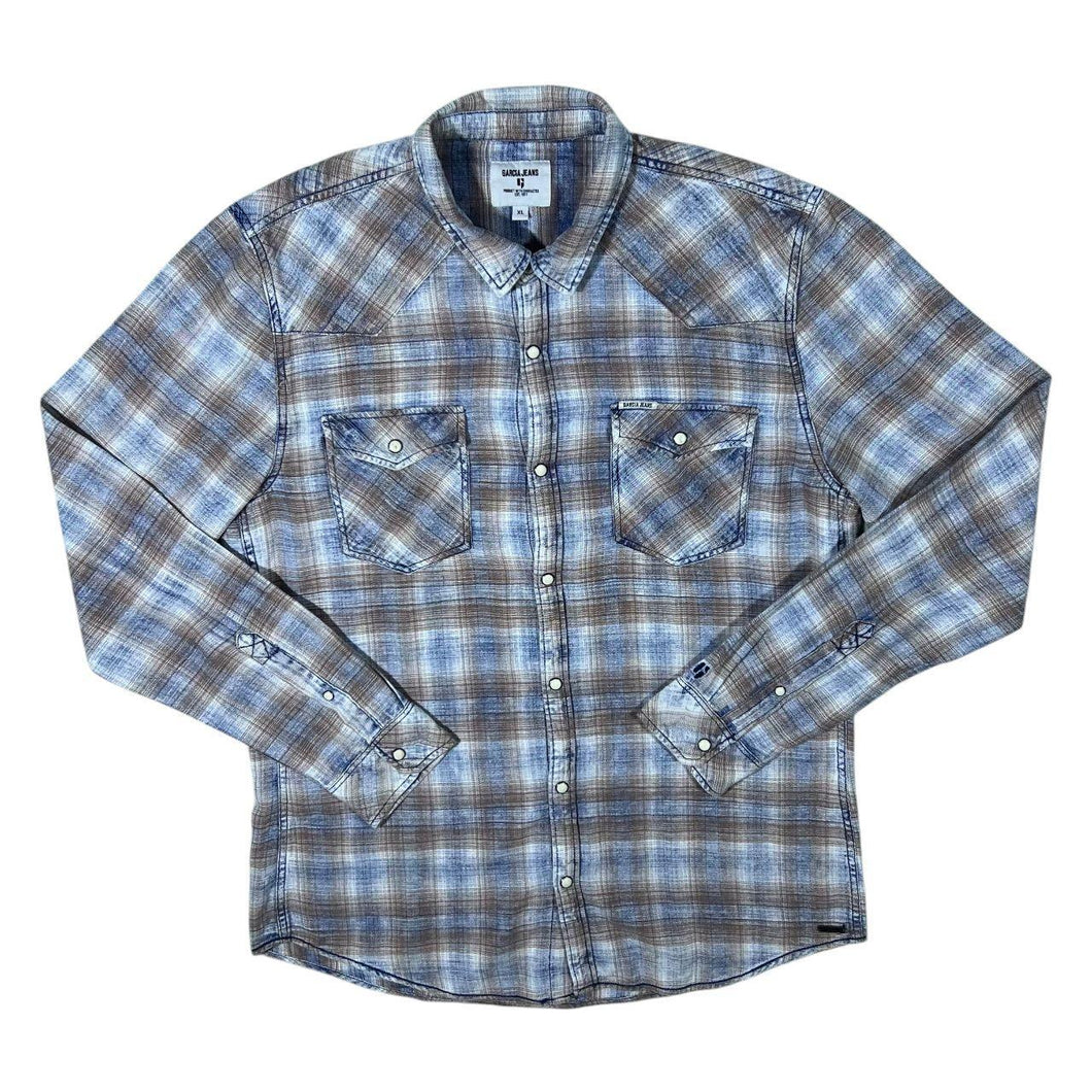 Garcia Jeans Western Plaid Check Popper Long Sleeve Flannel Cotton Shirt