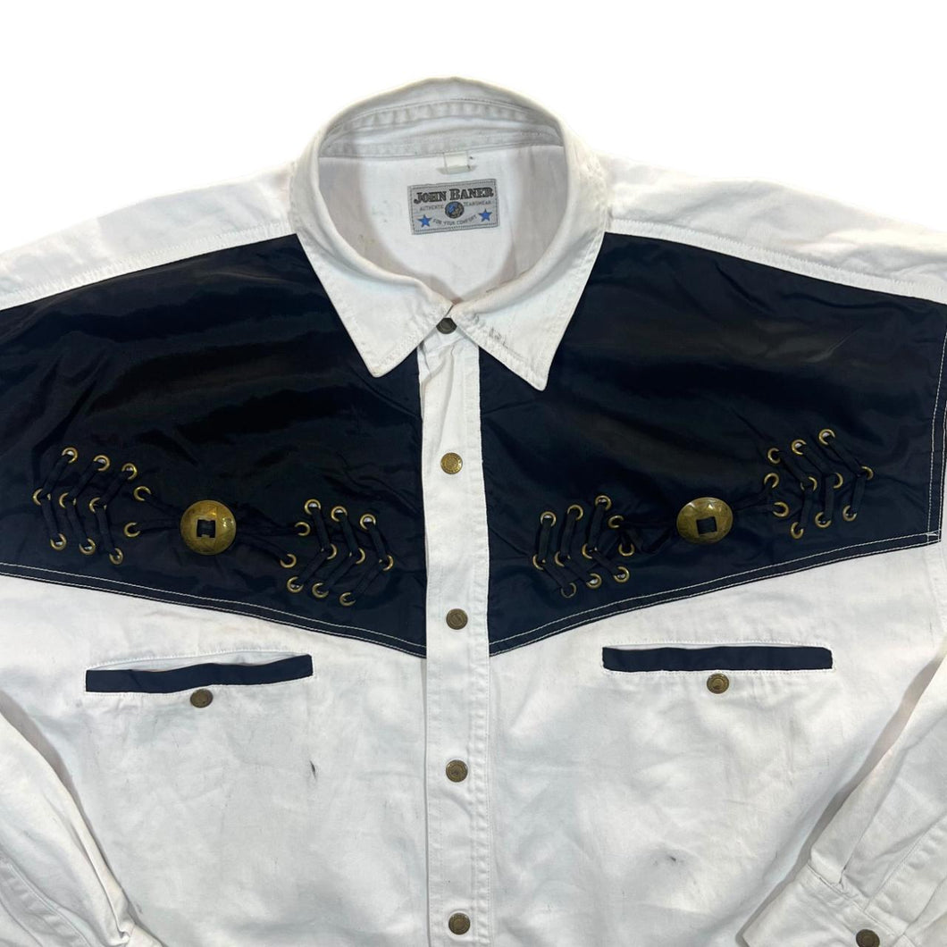 Vintage John Baner Cowboy Western Black White Popper Long Sleeve Shirt