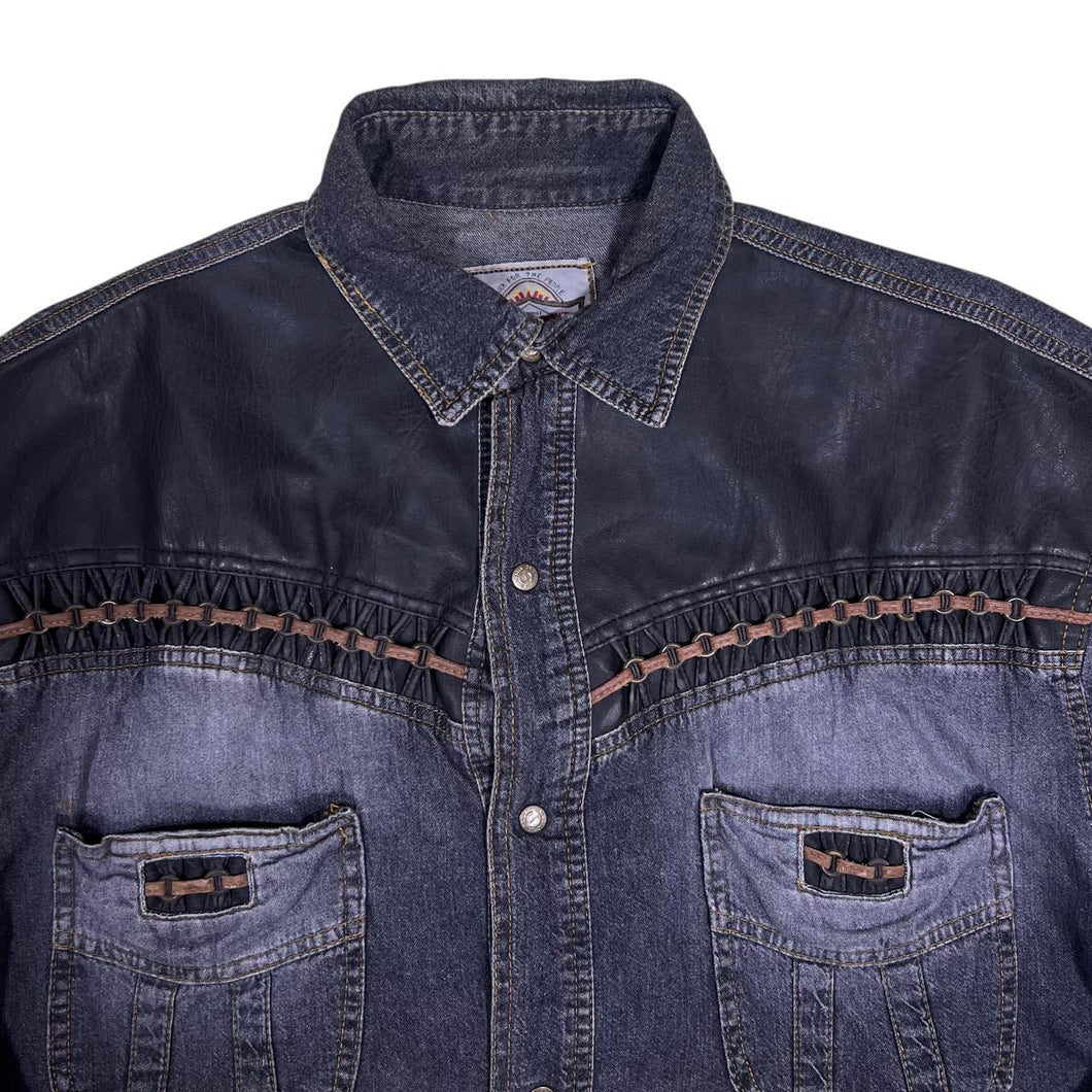 Vintage Stockerpoint Cowboy Western Black Leather Panel Popper Long Sleeve Shirt