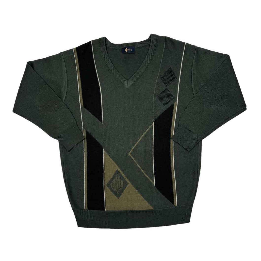 Vintage GABICCI Colour Block Grandad Acrylic Wool V-Neck Knit Sweater Jumper