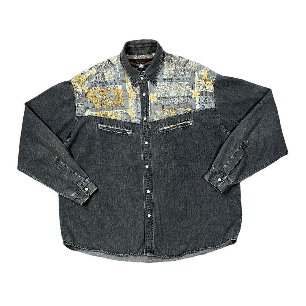 Vintage 90's BOLLGAMES Crazy Pattern Panel Pearl Snap Popper Long Sleeve Grey Denim Shirt