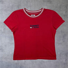 Load image into Gallery viewer, Tommy Jeans Tommy Hilfiger Logo Spellout Graphic Striped Trim Cotton T-Shirt
