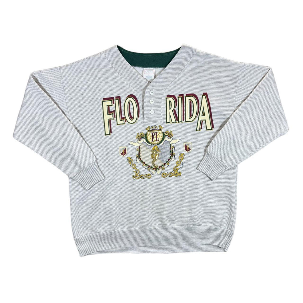 Vintage FLORIDA (1993) Seahorse Souvenir Spellout Graphic Micro Striped Buttoned Sweatshirt