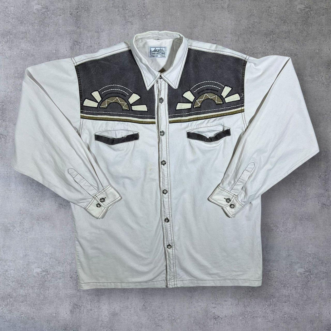 Vintage DeSigner's Club Cowboy Western Embroidered White Grey Long Sleeve Shirt