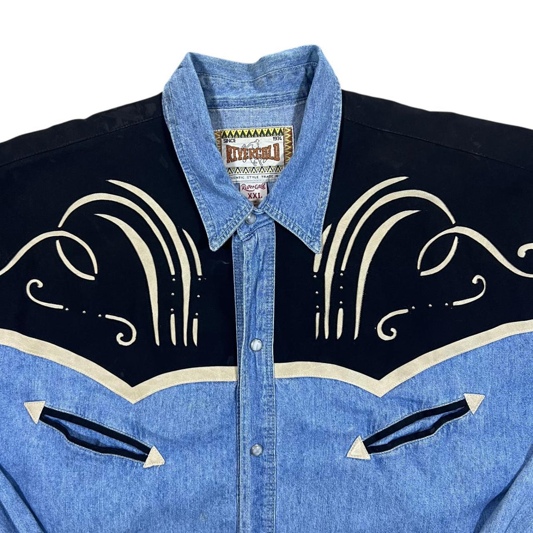Vintage Rivergold Cowboy Western Blue Denim Popper Long Sleeve Shirt