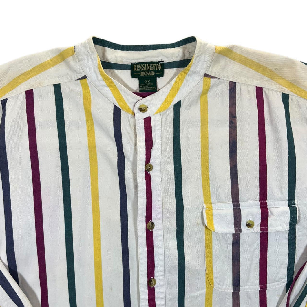 Vintage Kensington Road Multi Striped Cotton Distressed Long Sleeve Grandad Collar Shirt