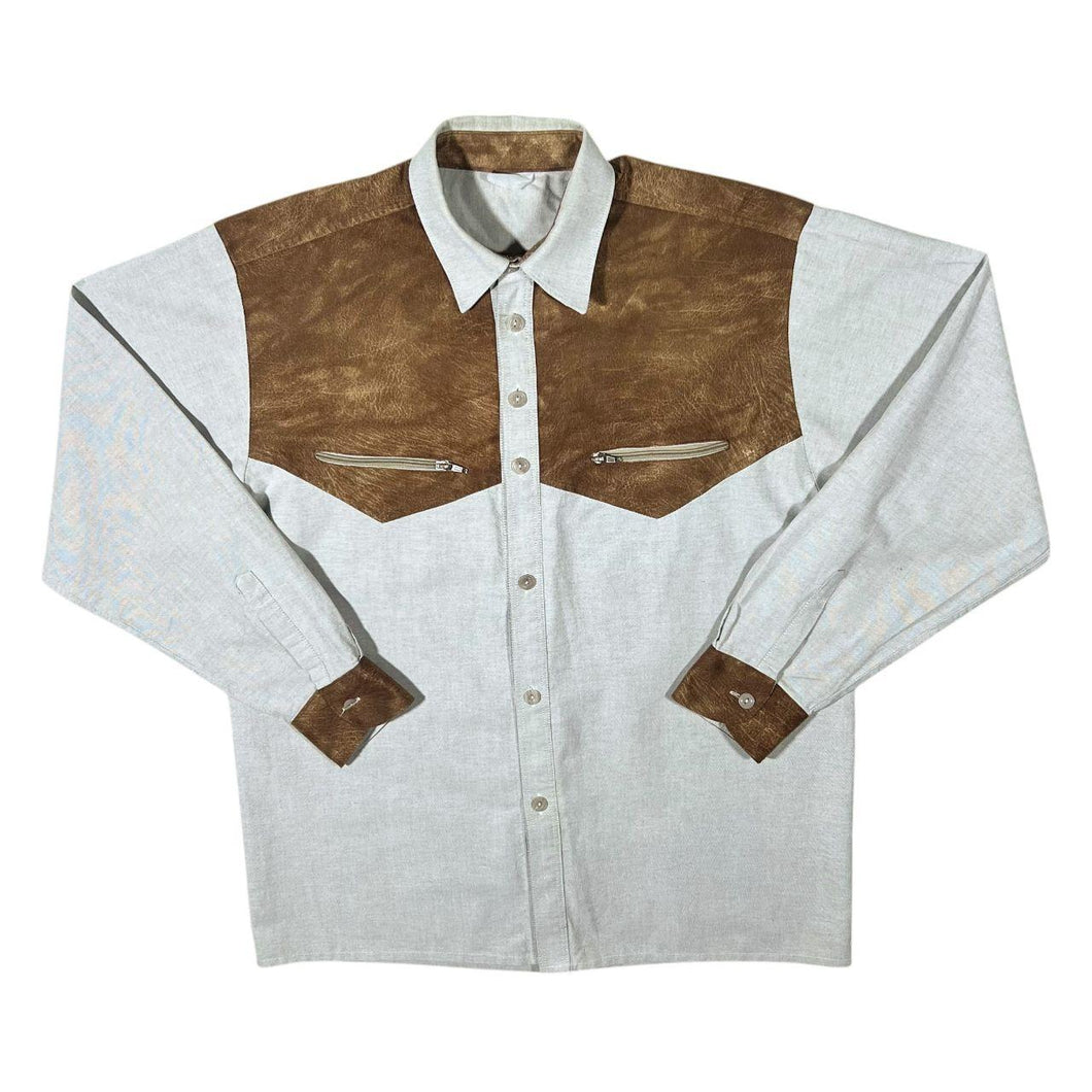 Cowboy Western Style Suede Effect Panel Linen Blend Long Sleeve Shirt