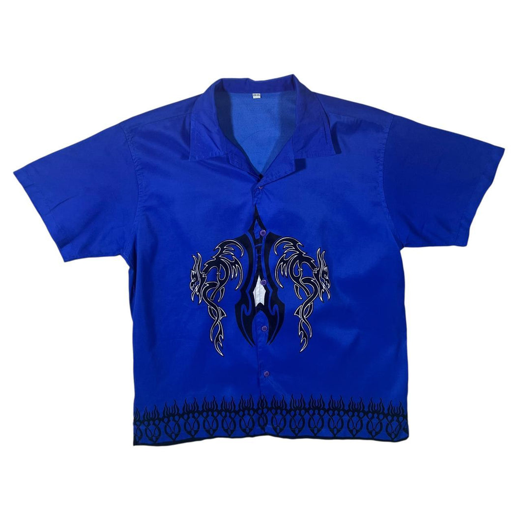 Early 00's Gothic Y2K Biker Tribal Tattoo Graphic Blue Short Sleeve Shirt