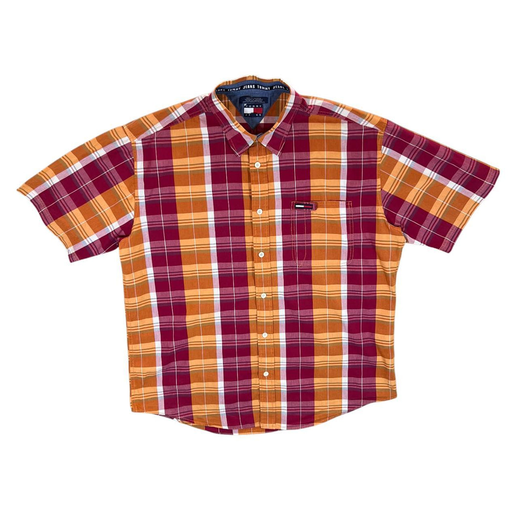 Early 00's Tommy Hilfiger Tommy Jeans Red Orange Check Short Sleeve Cotton Shirt