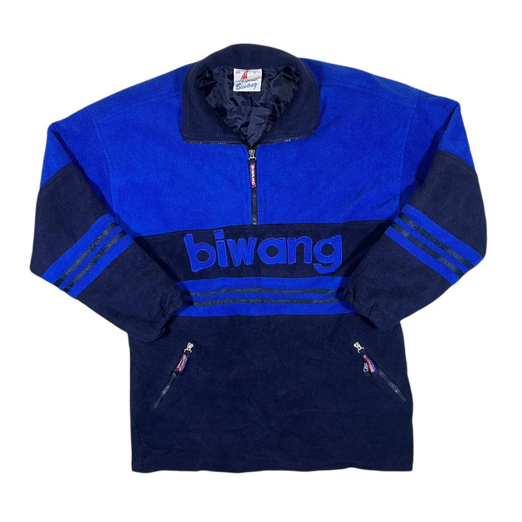 Vintage BIWANG Embroidered Spellout Colour Block Blue 1/4 Zip Fleece Sweatshirt