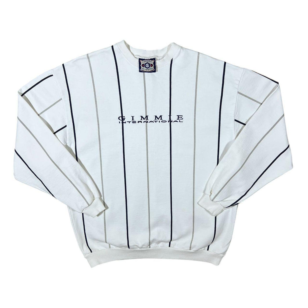 Vintage Gimmie International Embroidered Logo White Striped Crewneck Sweatshirt