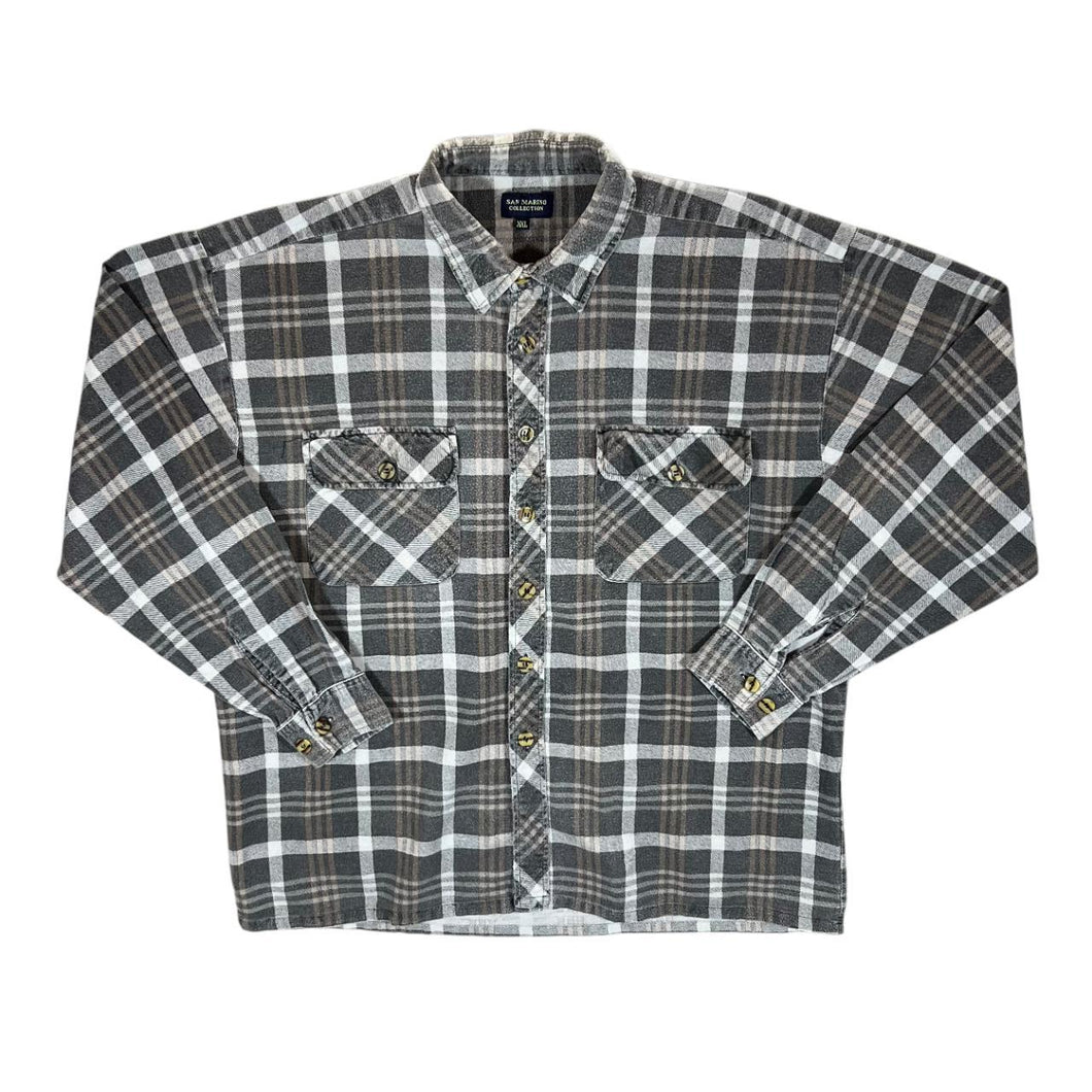 Vintage San Marino Collection Grey Brown Plaid Check Long Sleeve Flannel Cotton Shirt