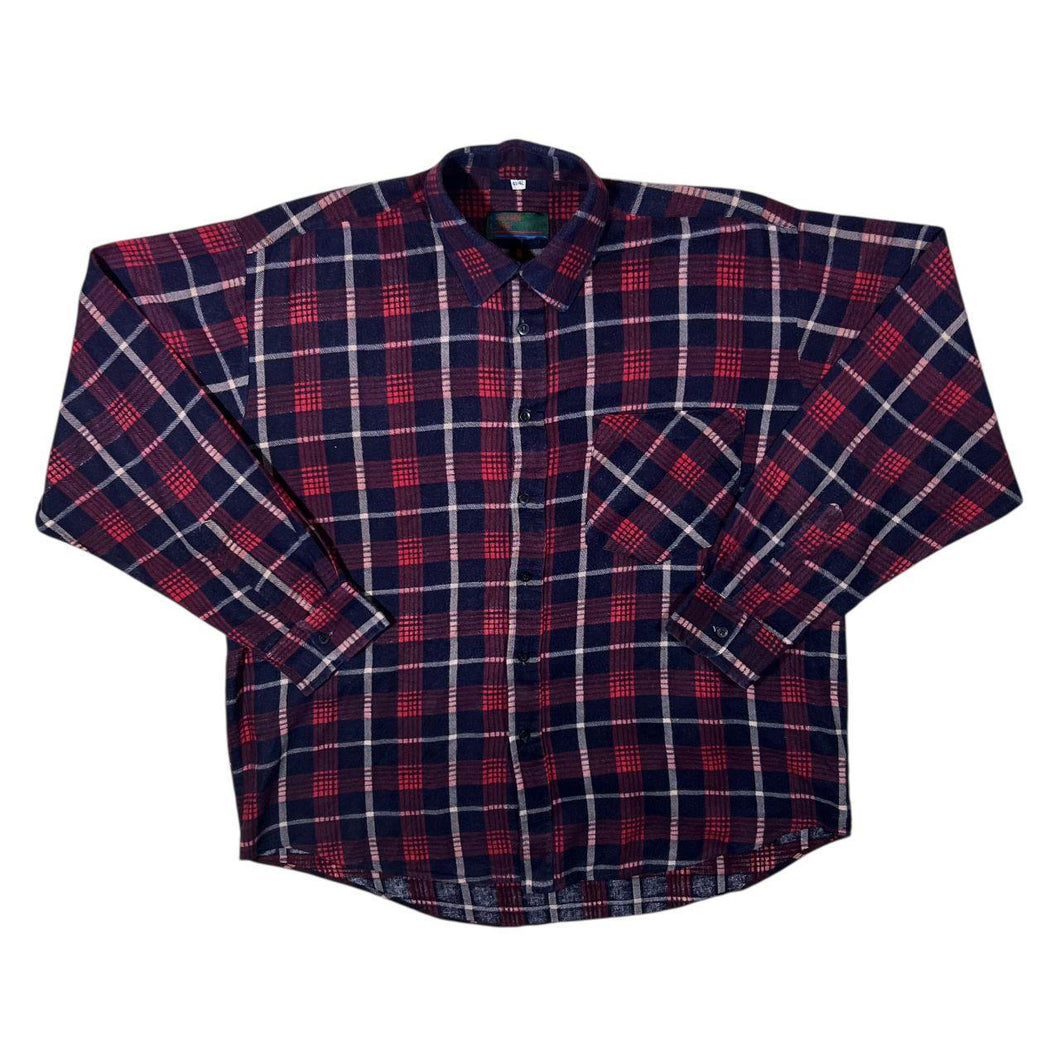 Vintage Custom Club Red Navy White Plaid Check Long Sleeve Cotton Flannel Shirt