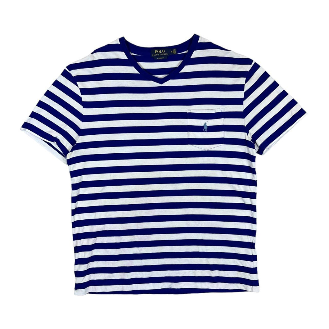 POLO RALPH LAUREN Embroidered Mini Pocket Logo Blue White Striped V-Neck T-Shirt