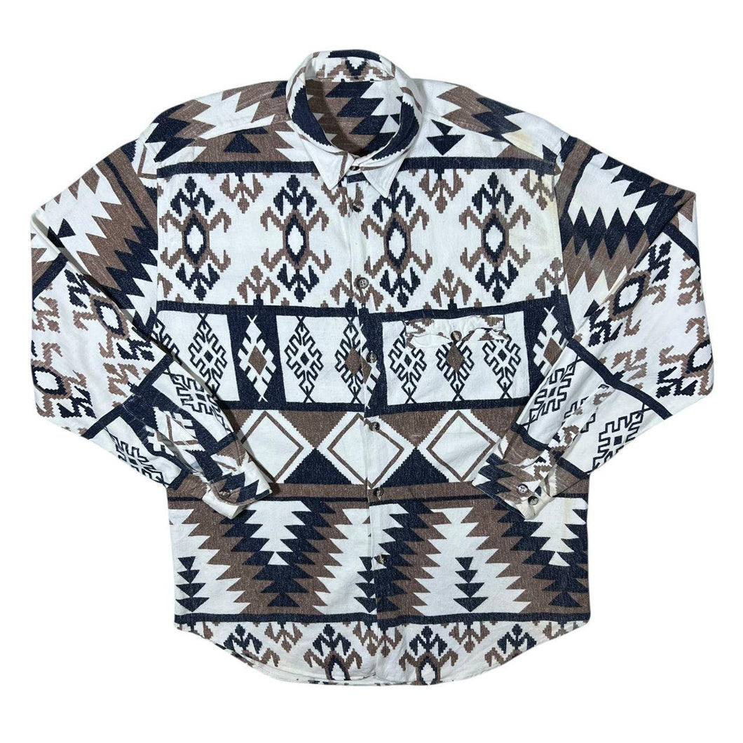 Vintage 90's Aztec Crazy Abstract Patterned White Navy Brown Long Sleeve Flannel Shirt