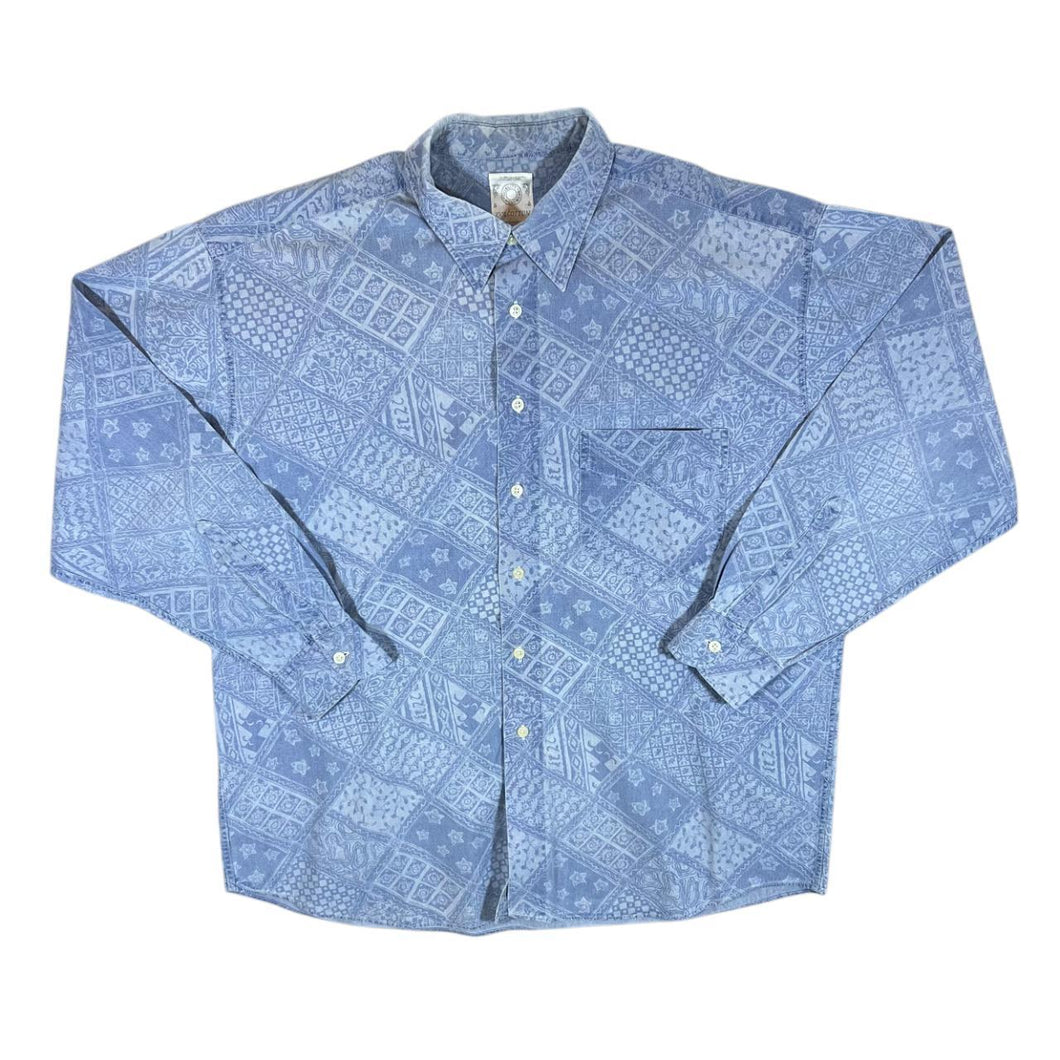 Vintage 90's St Michael Marks & Spencer Paisley Patterned Blue Long Sleeve Cotton Shirt