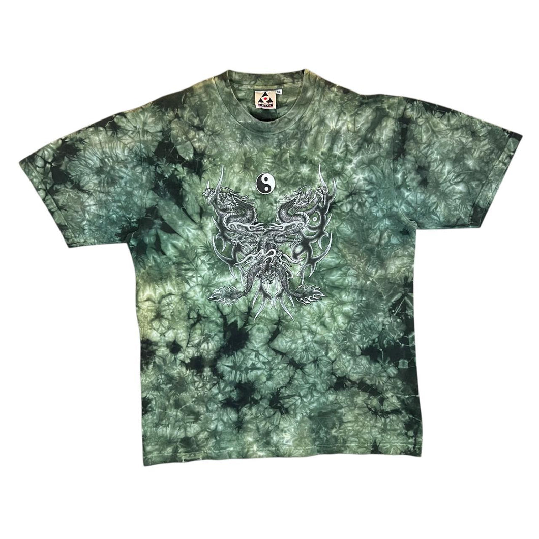 Vintage PIMPO WORLDWIDE Gothic Biker Yin Yang Dragon Green Tie Dye T-Shirt