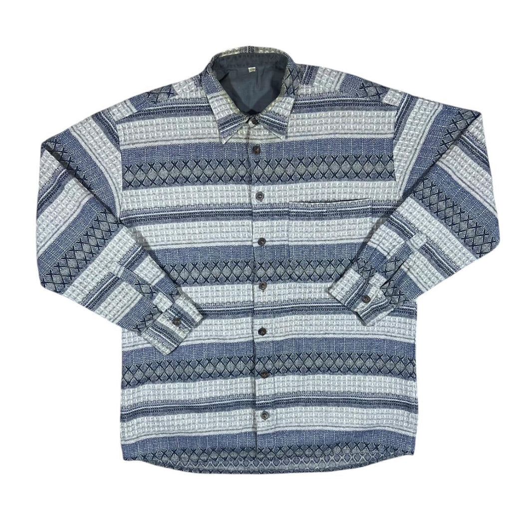 Vintage 90's Grey Blue Patterned Striped Long Sleeve Flannel Shirt