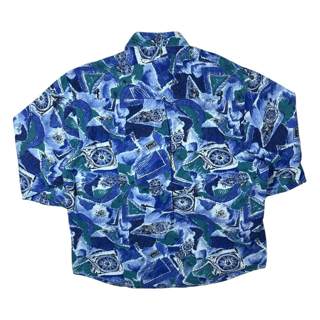 Vintage 90's Blue Green Crazy Abstract Patterned Long Sleeve Shirt