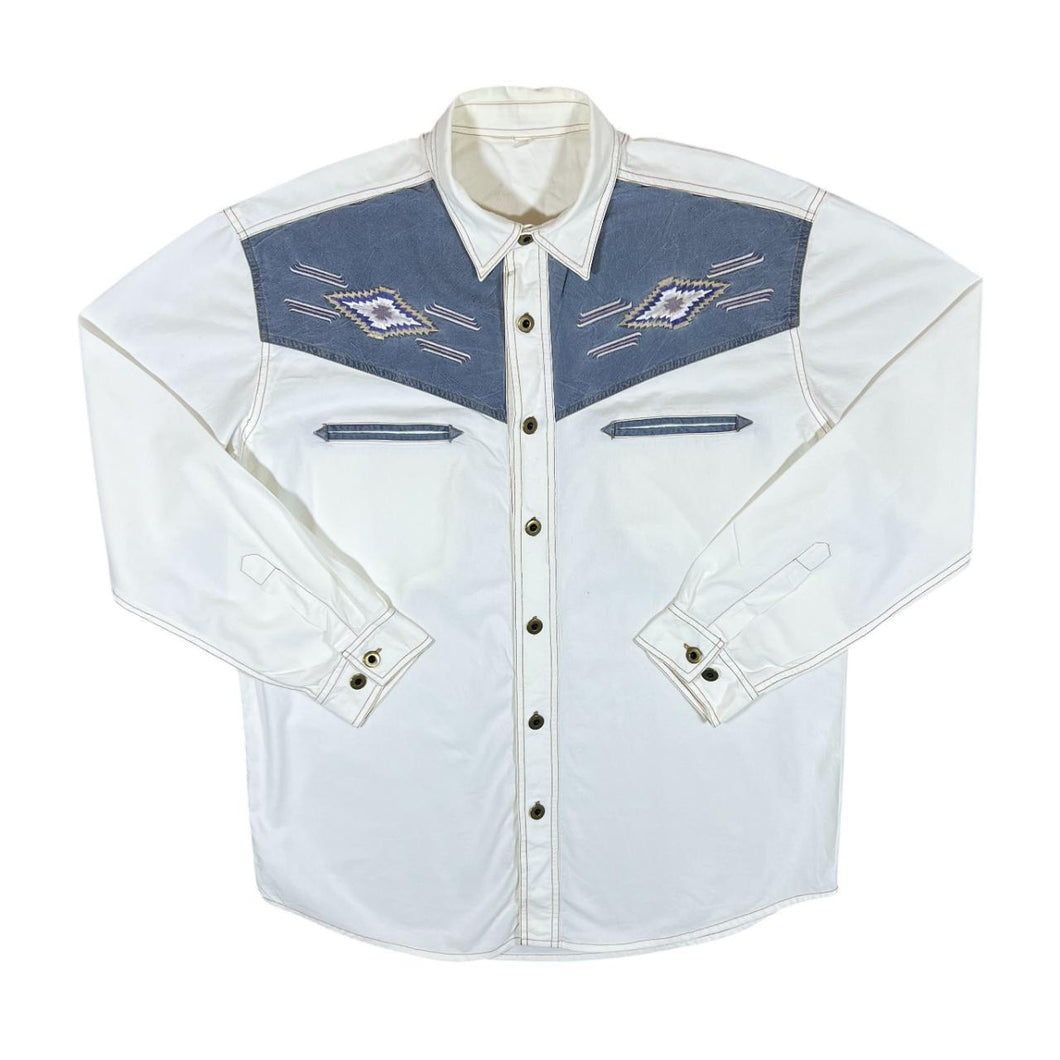 Vintage 90's Embroidered Aztec Panel Cowboy Western Long Sleeve Cotton Shirt